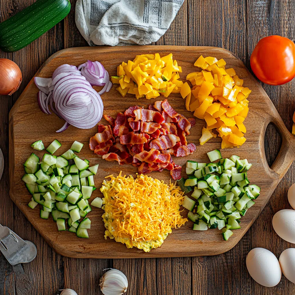 ingredients for frittata recipe on wood board