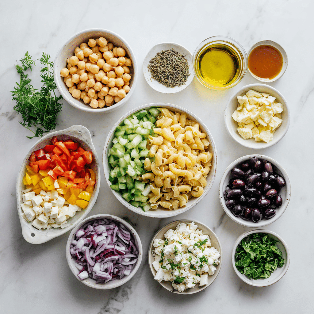 High protein pasta salad ingredients layout