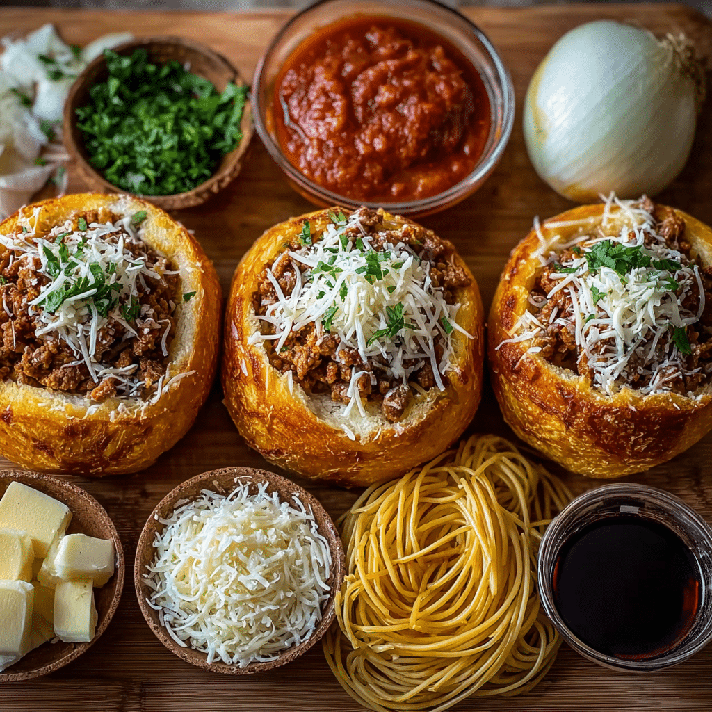 Ingredients for Spaghetti Garlic Bread Bowls on counter