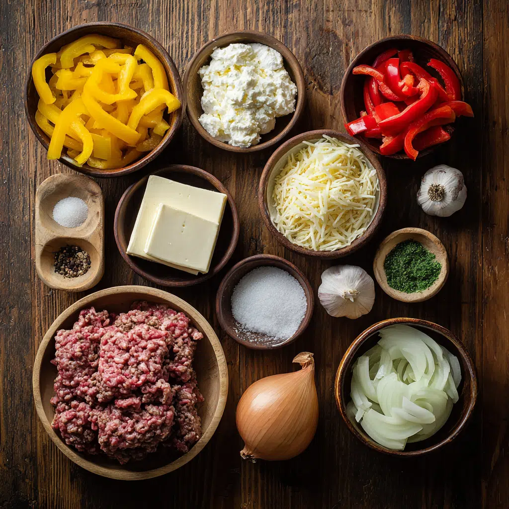 Ingredients for Low Carb Philly Cheesesteak Casserole