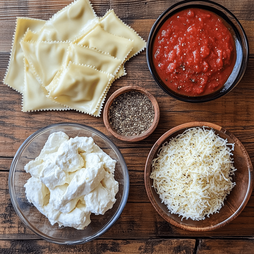 Crockpot Ravioli Lasagna ingredients flat lay