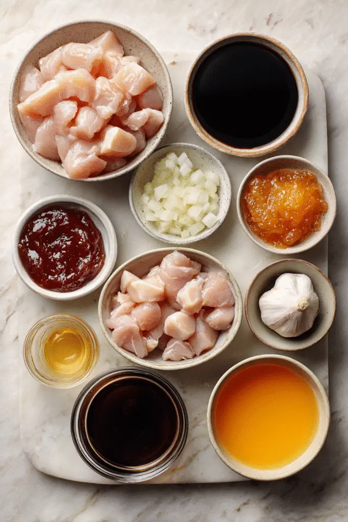 Ingredients for quick apricot chicken laid out in bowls