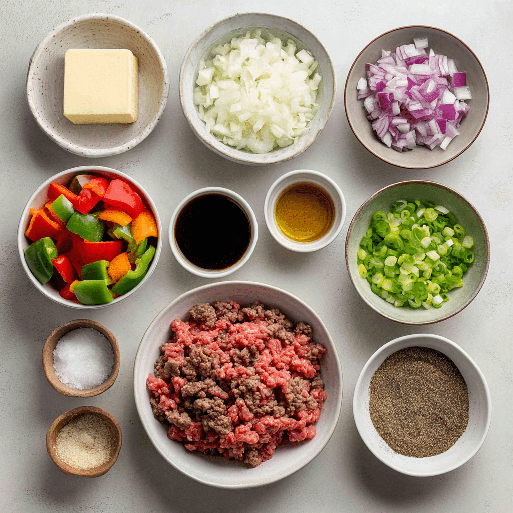 Ingredients for beef and pepper rice bowl