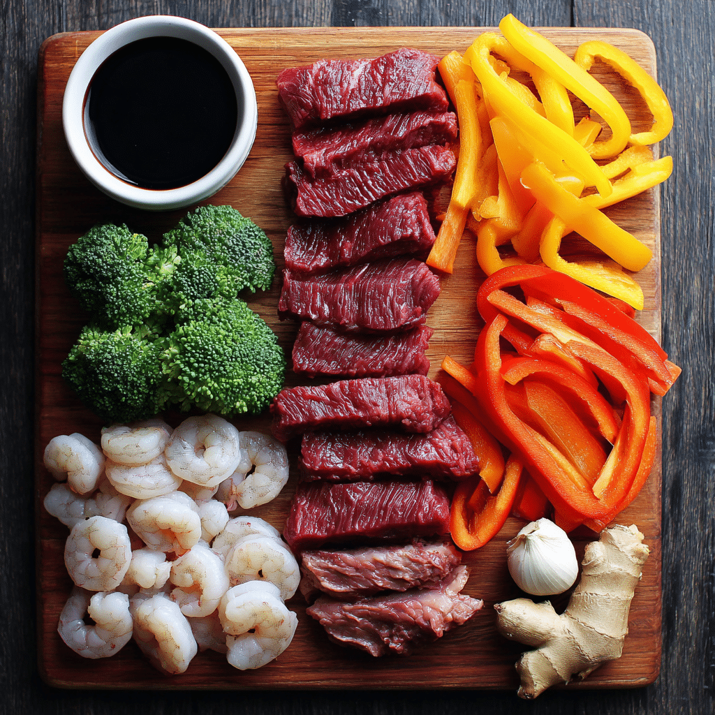 steak and shrimp stir fry ingredients layout