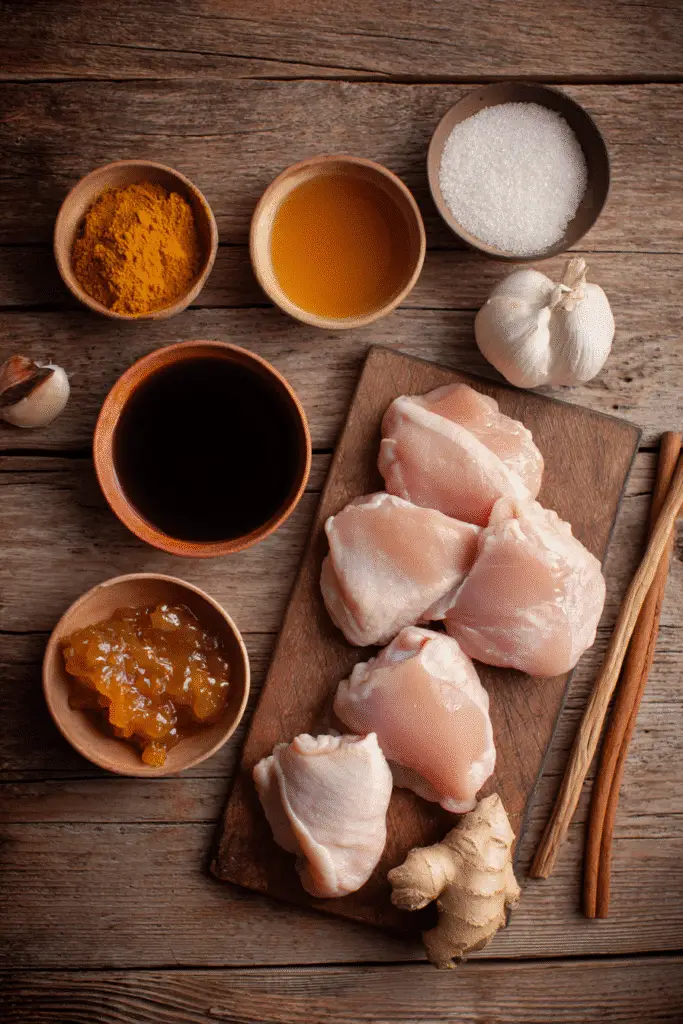 Ingredients for glazed apricot chicken thighs laid out on a table