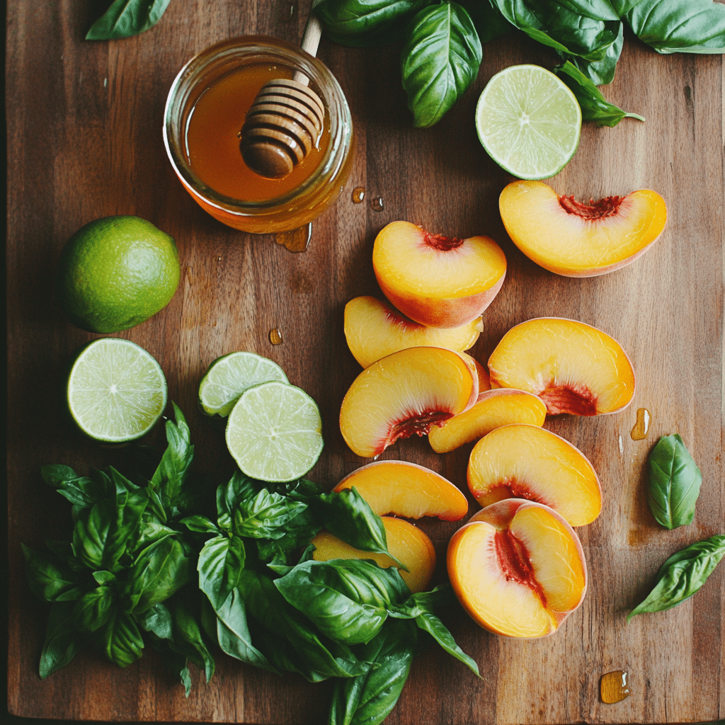 Ingredients for Honey Lime Basil Peach Fruit Salad
