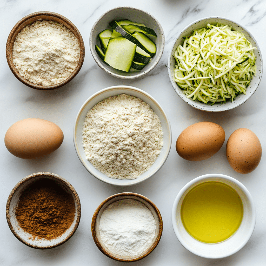 Zucchini bread ingredients in bowls