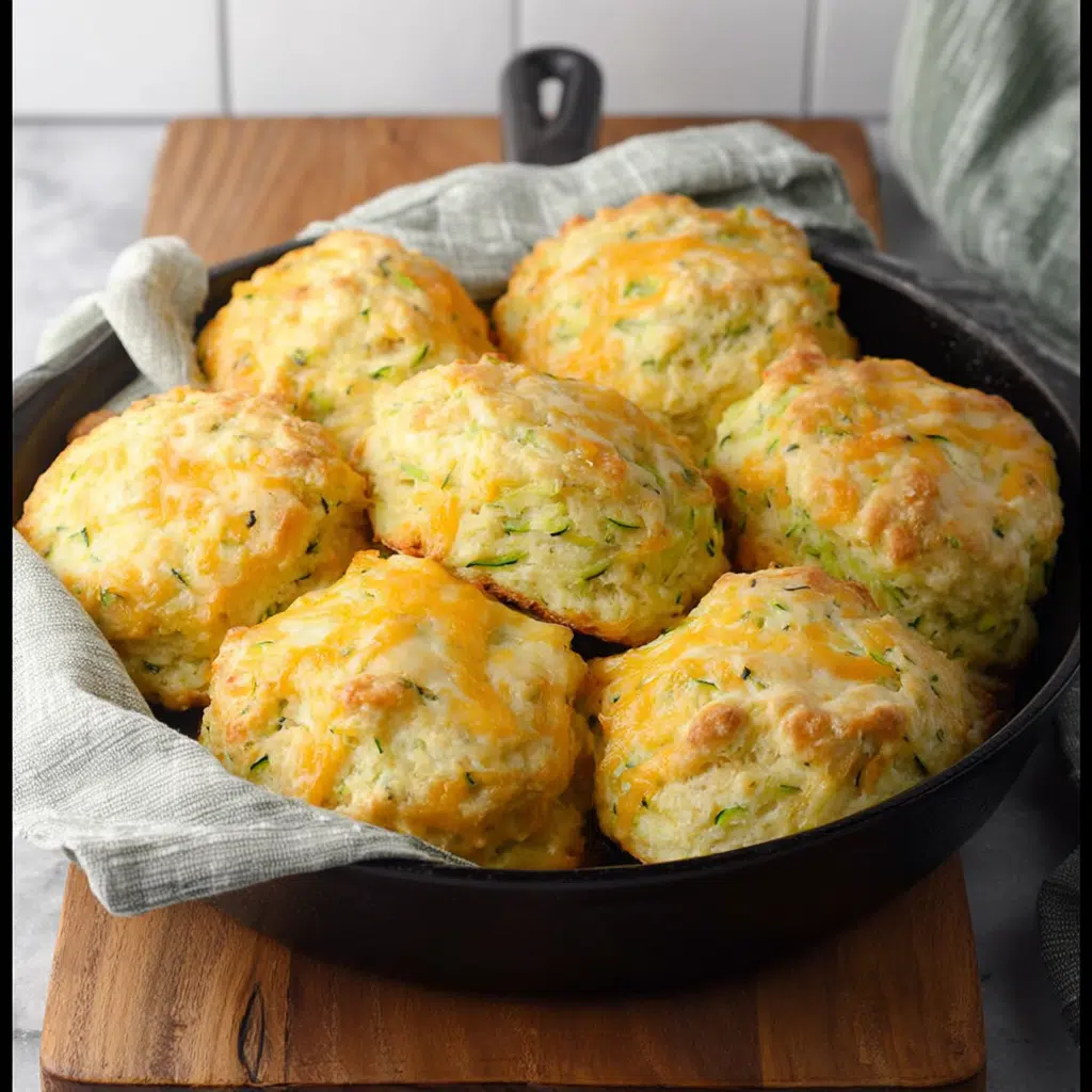zucchini cheddar biscuits on rustic table