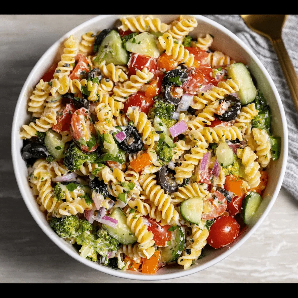 High protein pasta salad with chickpea rotini and fresh vegetables