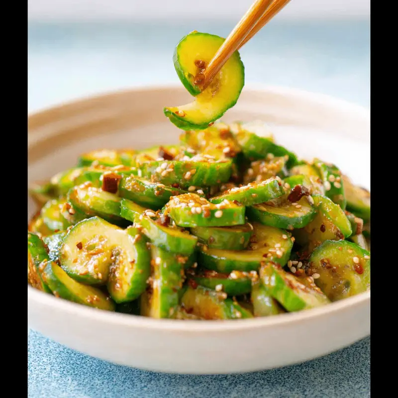 Korean cucumber salad in ceramic bowl