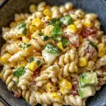 Mexican Street Corn Pasta Salad served in a rustic bowl