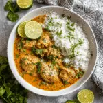 Crockpot Thai Chicken Curry with rice and lime garnish