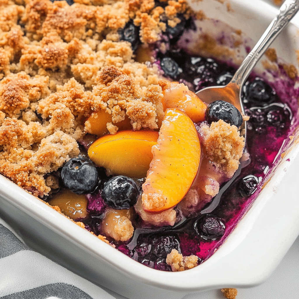 Peach blueberry crisp in baking dish