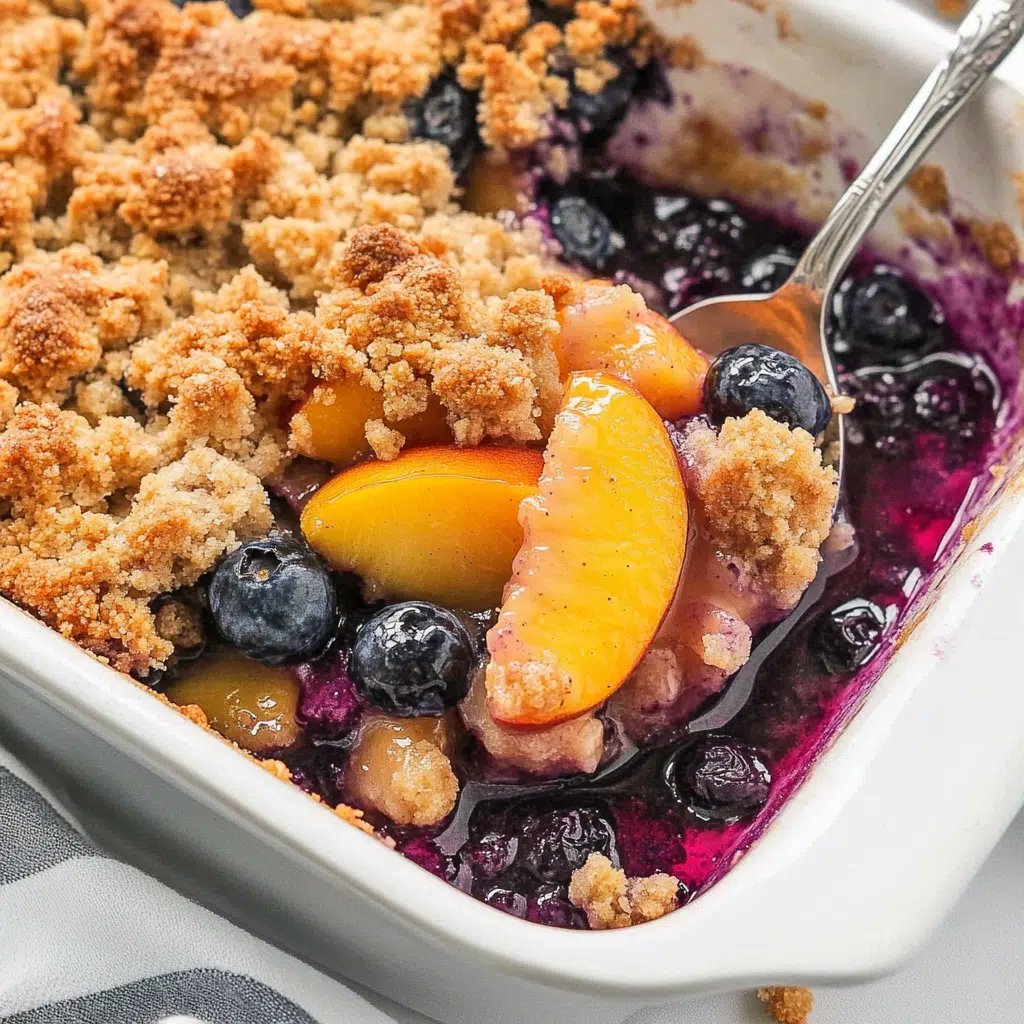 Peach blueberry crisp in baking dish