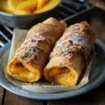 Peach Cobbler Egg Rolls stacked with dipping sauce