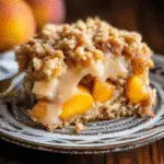 Southern Peach Crumb Cake on wooden stand