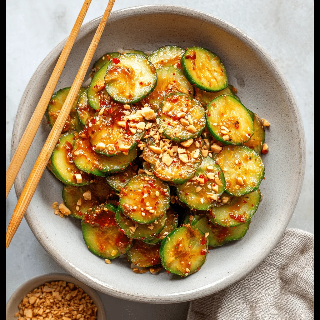 Peanut chili crisp cucumber salad in ceramic bowl