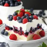Summer Berry Poke Cake with whipped topping and fresh berries