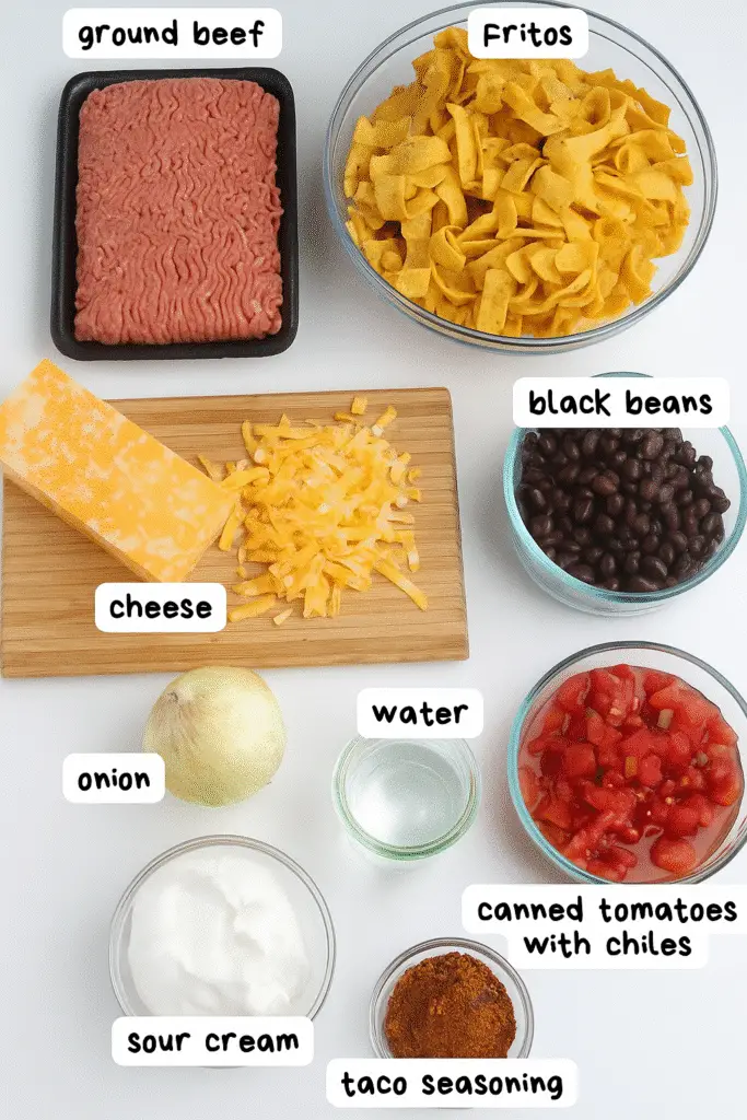 Walking Taco Casserole baked with cheese and Fritos