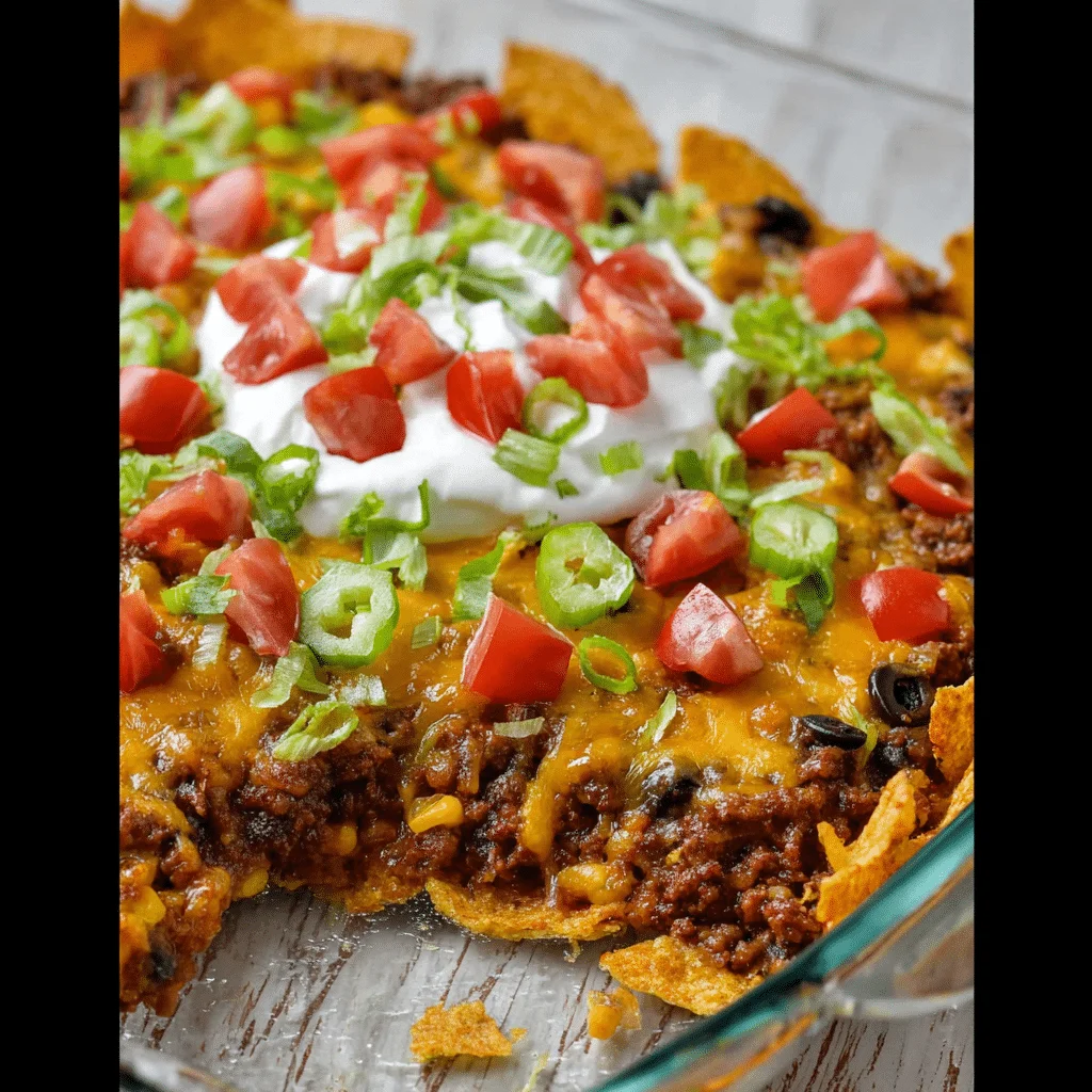 Walking Taco Casserole baked with cheese and Fritos