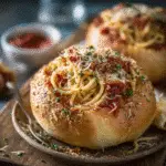 Spaghetti Garlic Bread Bowls served warm with cheese