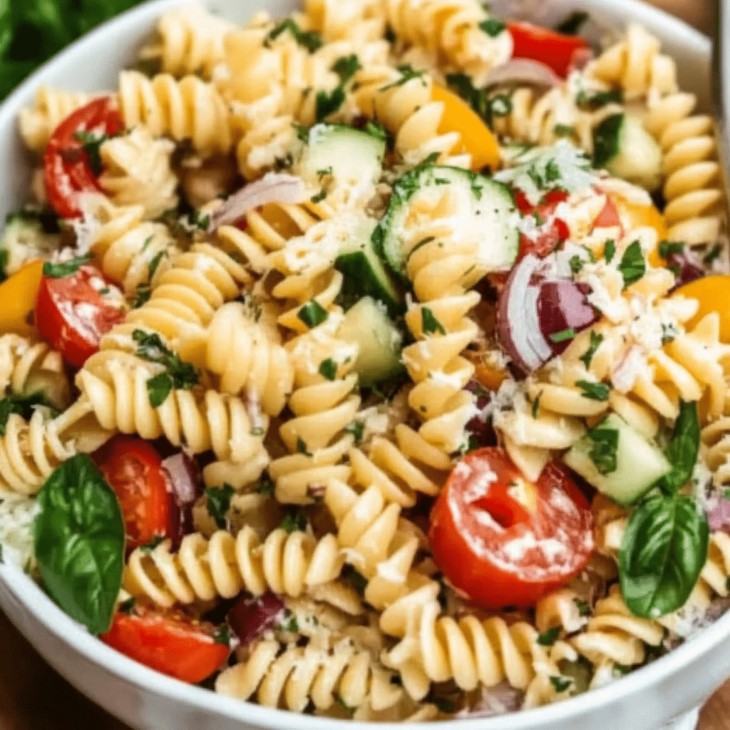 colorful easy pasta salad recipe in bowl