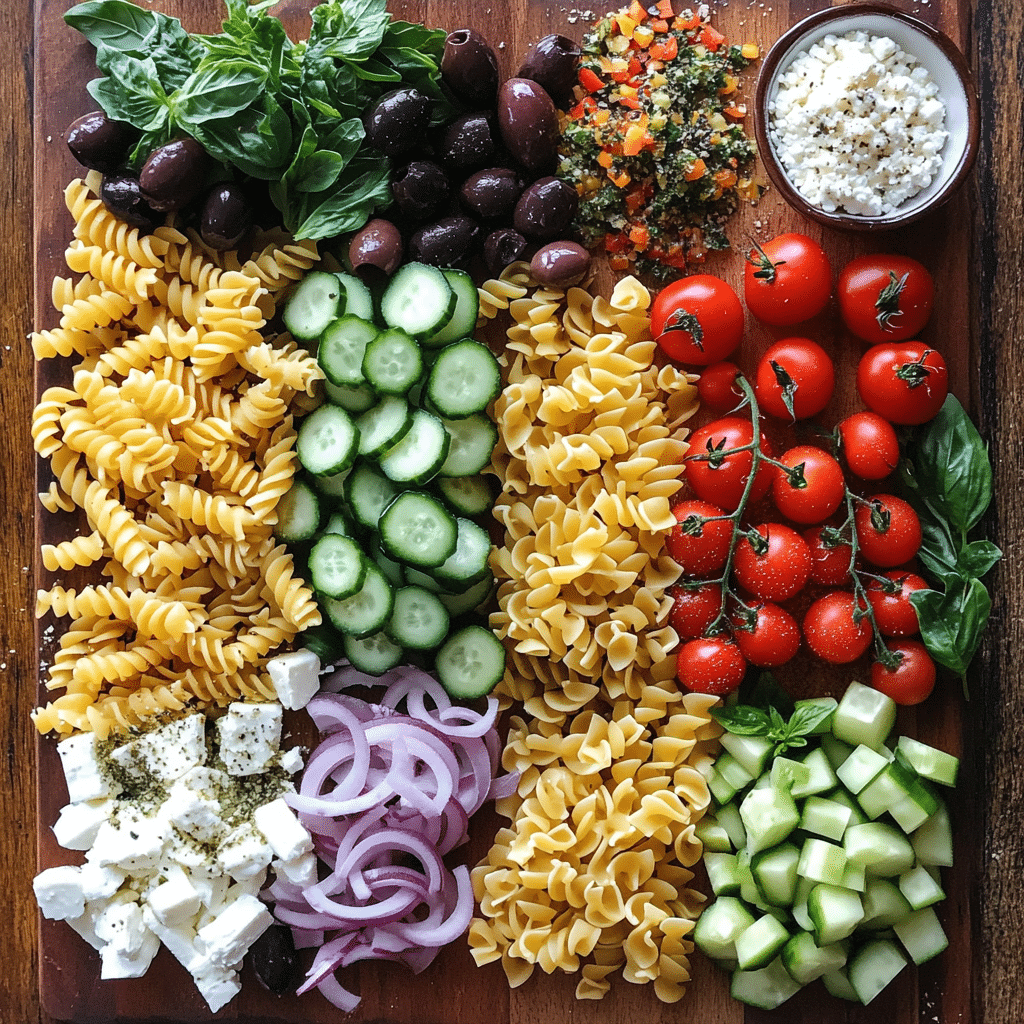 pasta salad ingredients on board