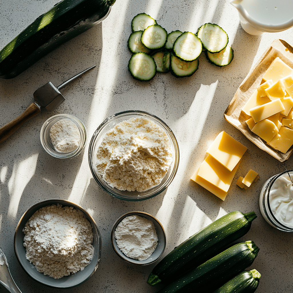 Ingredients for zucchini cheddar scones flat lay