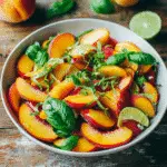 Honey Lime Basil Peach Fruit Salad in bowl