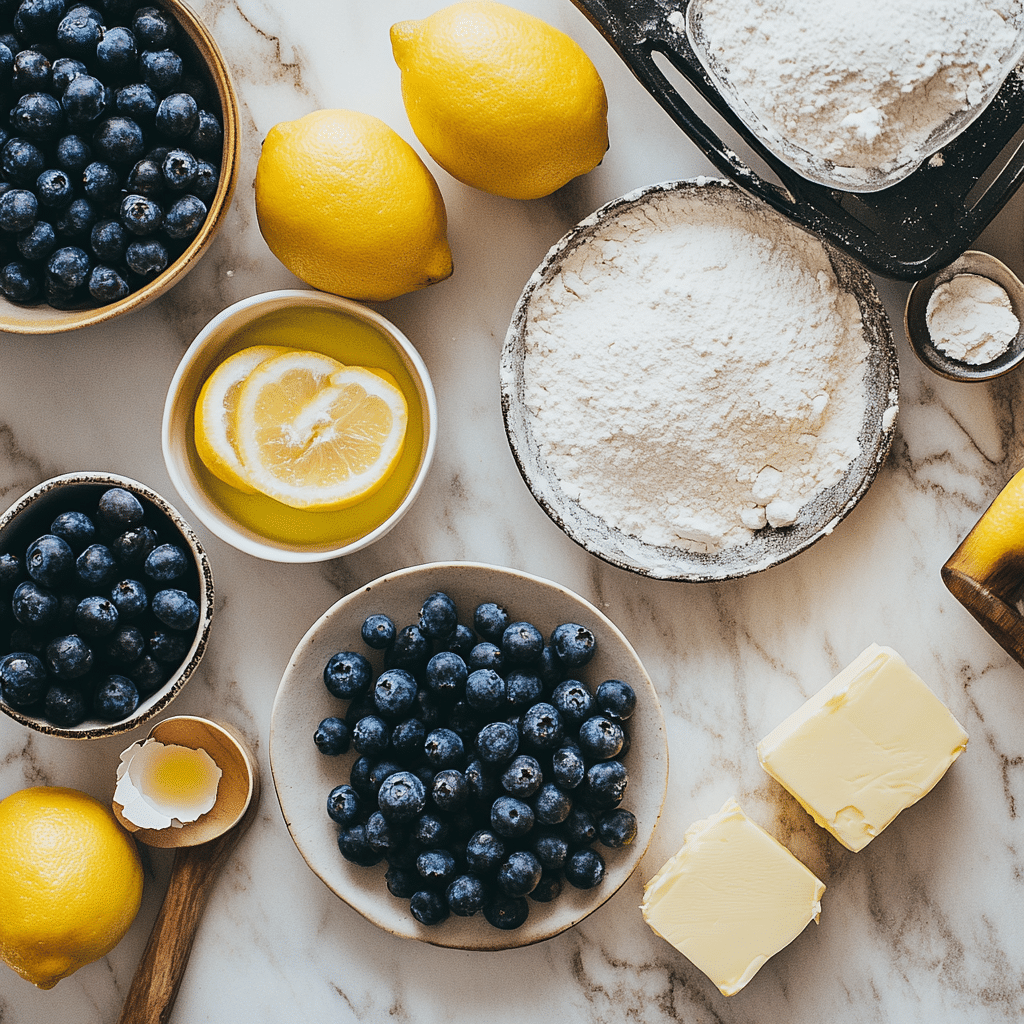 Ingredients for making lemon blueberry bread