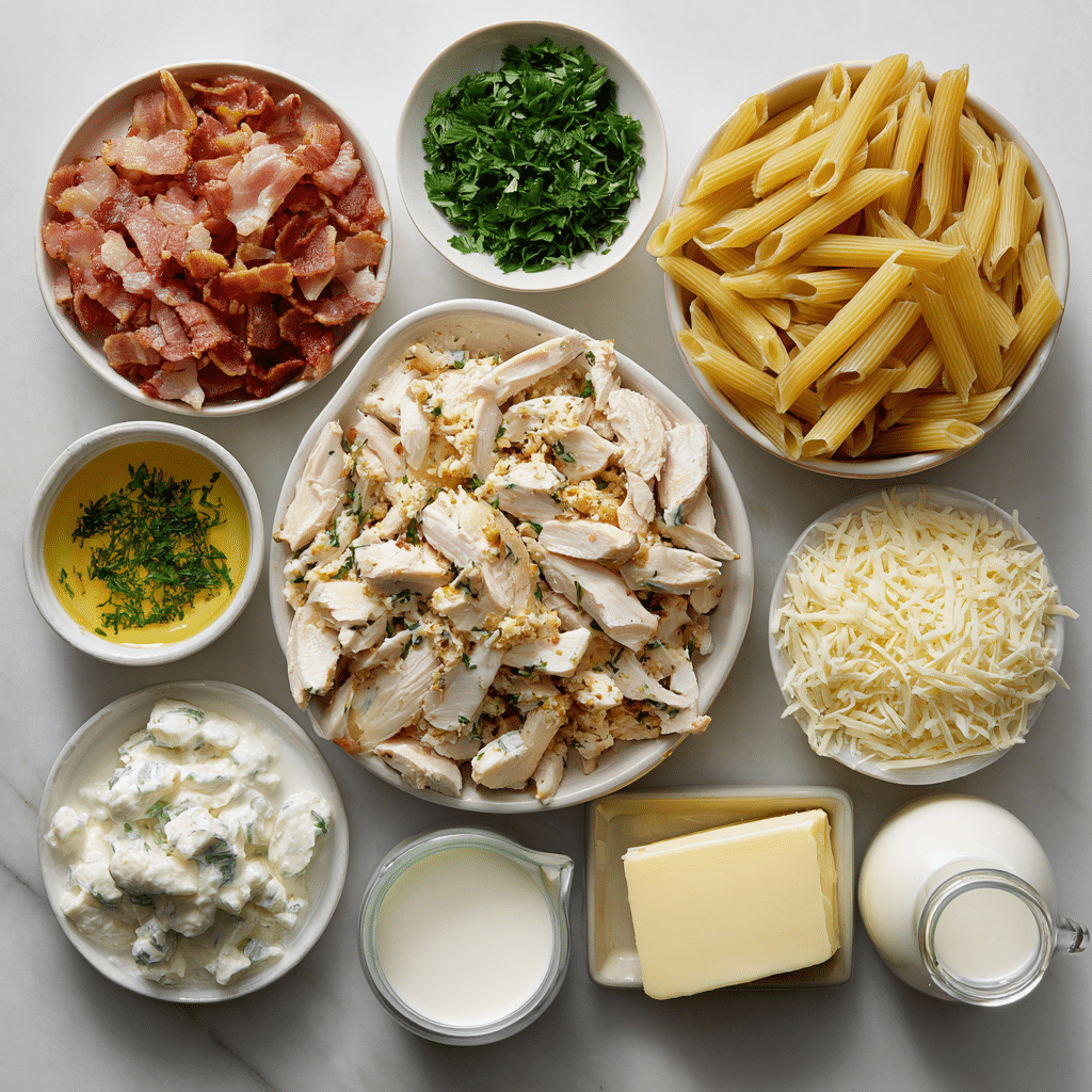 Ingredients for Chicken Bacon Ranch Baked Penne