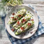 Bacon Ranch Chicken Salad Cucumber Boats served on white plate