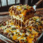 Cattle Drive Casserole in baking dish with melted cheese