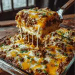 Cattle Drive Casserole in baking dish with melted cheese