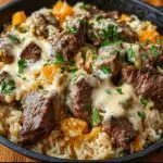 Cheesy Steak & Rice in skillet