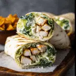 Chicken Caesar Wrap sliced with romaine and Parmesan