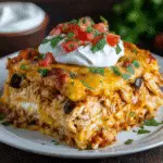 Chicken Taco Casserole Recipe in a rustic baking dish