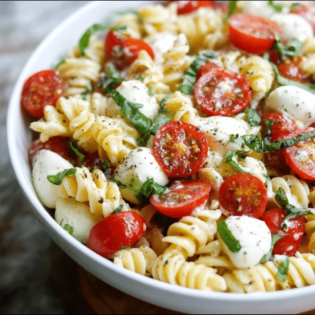Creamy Caprese Pasta Salad in bowl