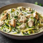 zucchini noodle chicken alfredo in white bowl with creamy sauce