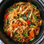 Crockpot Chicken Lo Mein with noodles, chicken, and vegetables