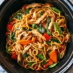 Crockpot Chicken Lo Mein with noodles, chicken, and vegetables
