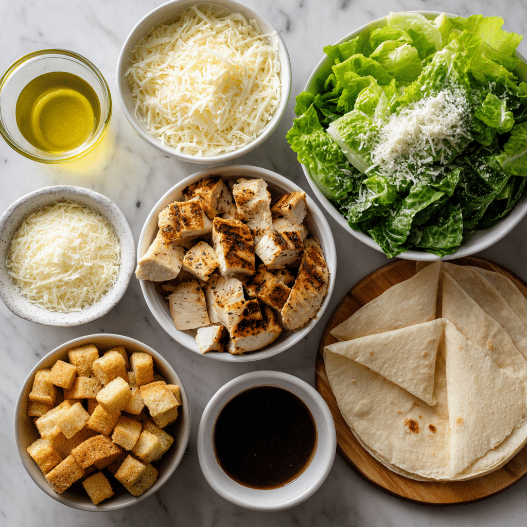 Chicken Caesar Wrap Ingredients neatly arranged