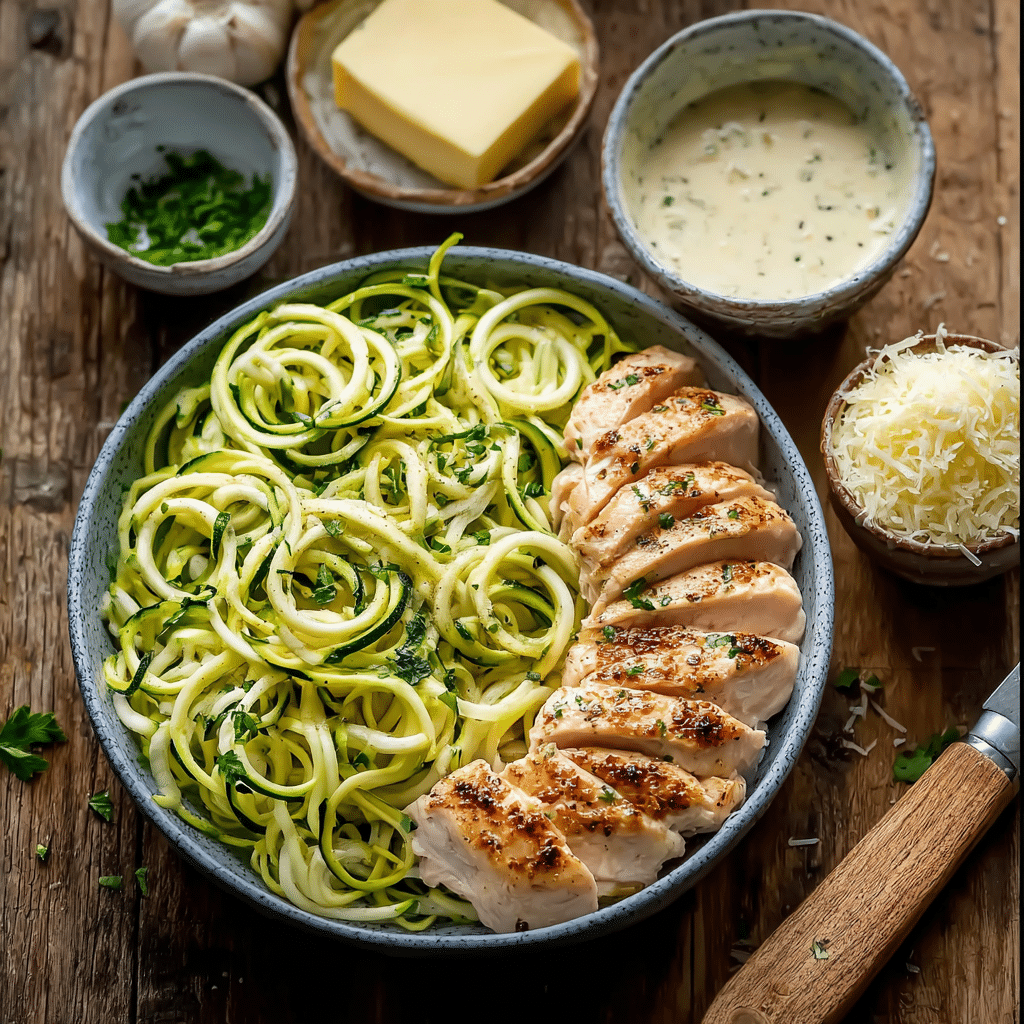 ingredients for zucchini noodle chicken alfredo on table