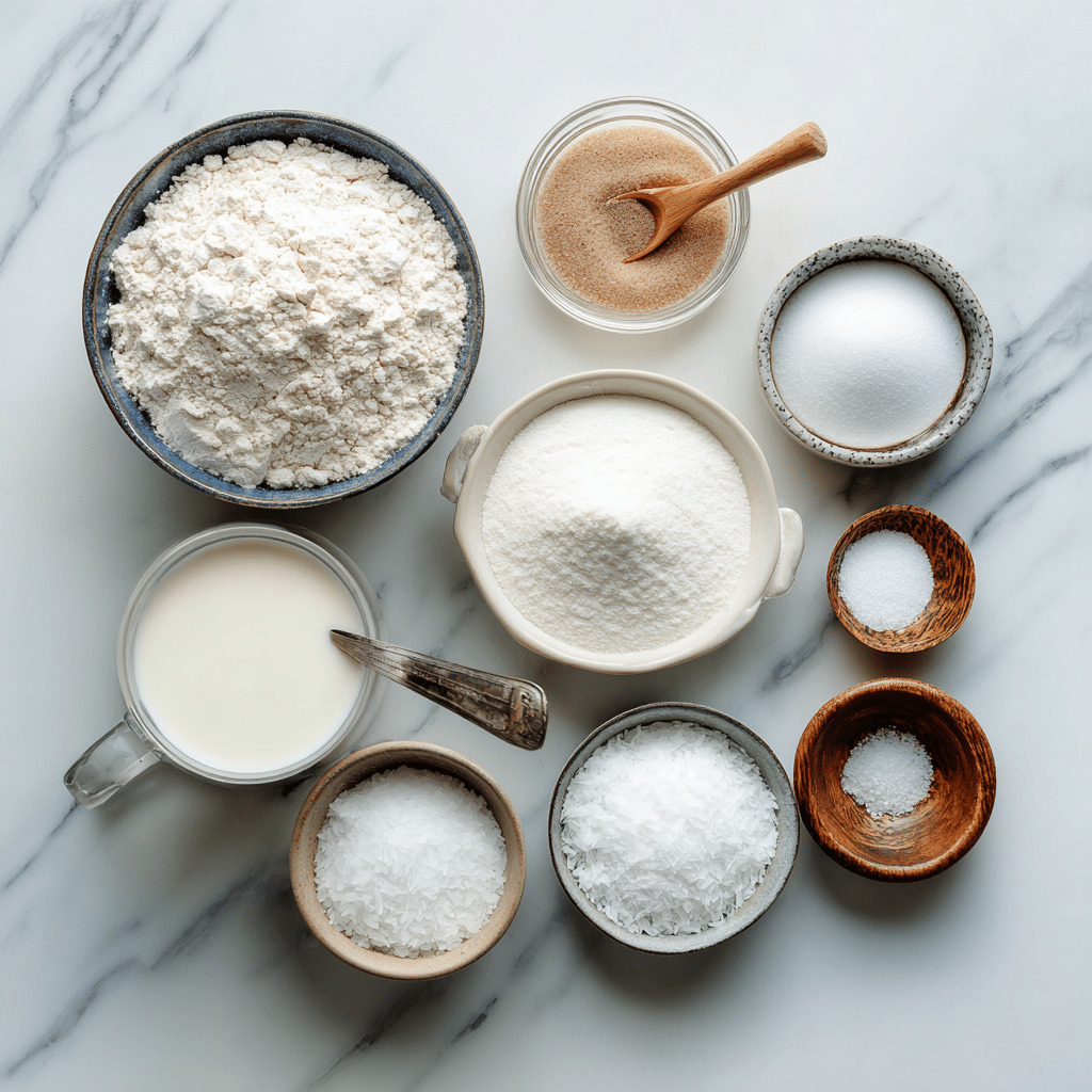 Coconut bread ingredients displayed flat lay