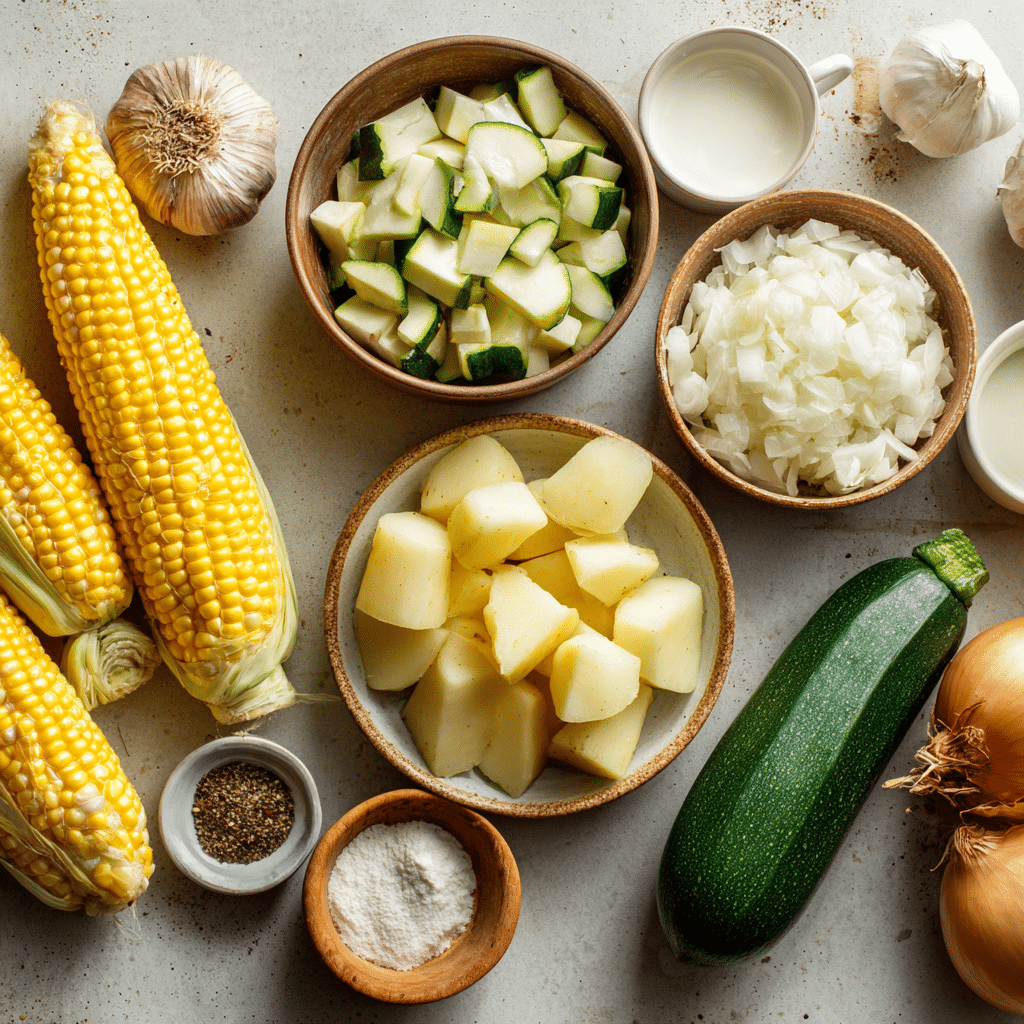 fresh ingredients for corn and zucchini chowder