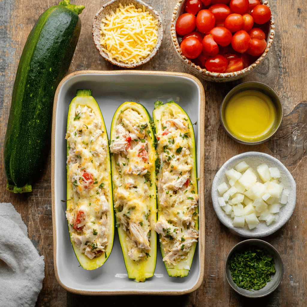 stuffed zucchini boats with creamy chicken