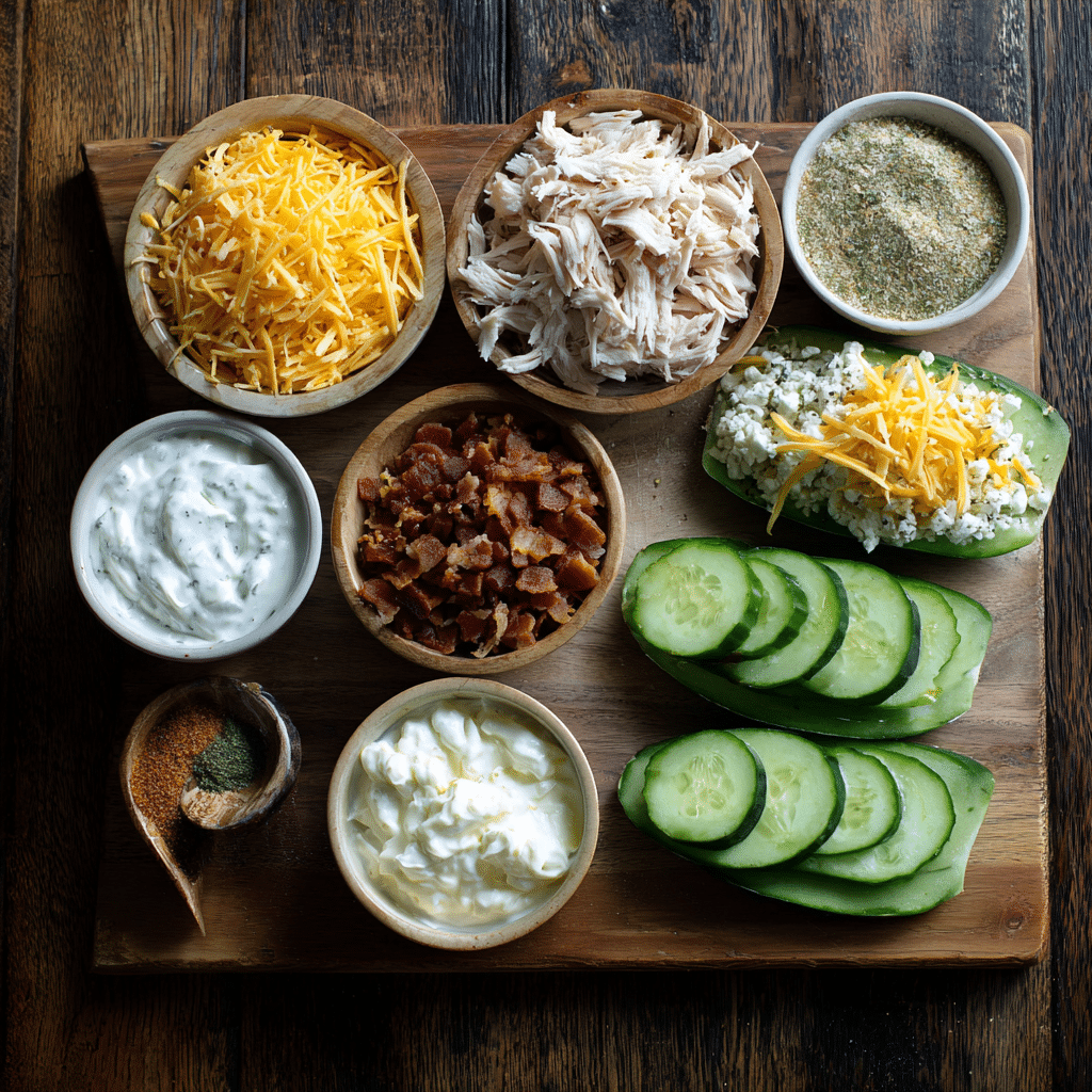 Ingredients for Bacon Ranch Chicken Salad Cucumber Boats