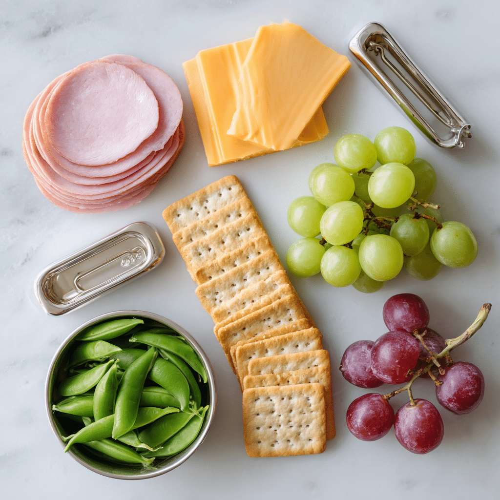 Homemade Lunchables with ham, cheese, fruit, and crackers in bento box