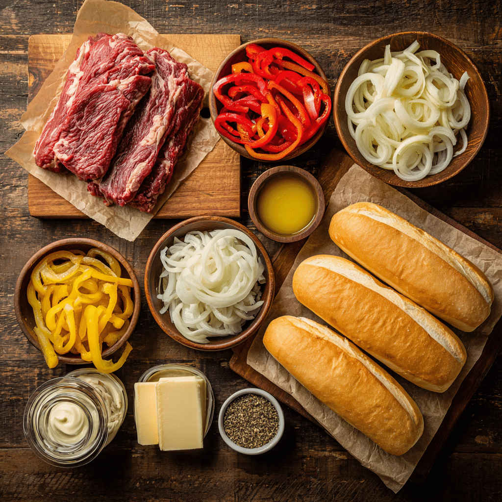 Philly cheesesteak ingredients flat lay