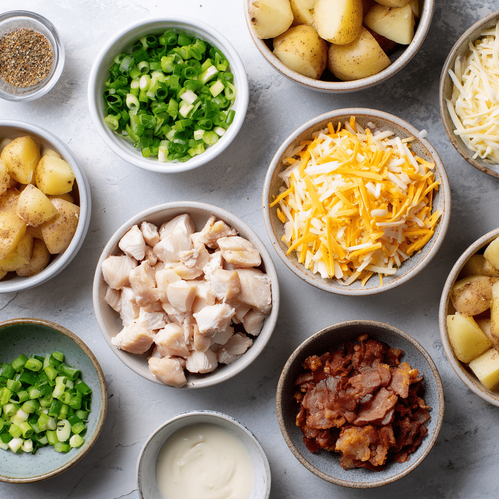 ingredients for loaded potato ranch chicken casserole